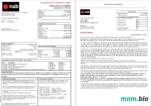 USA Nab Bank wyciąg z kredytu hipotecznego w formatach Word i PDF, 3 strony 1-2
